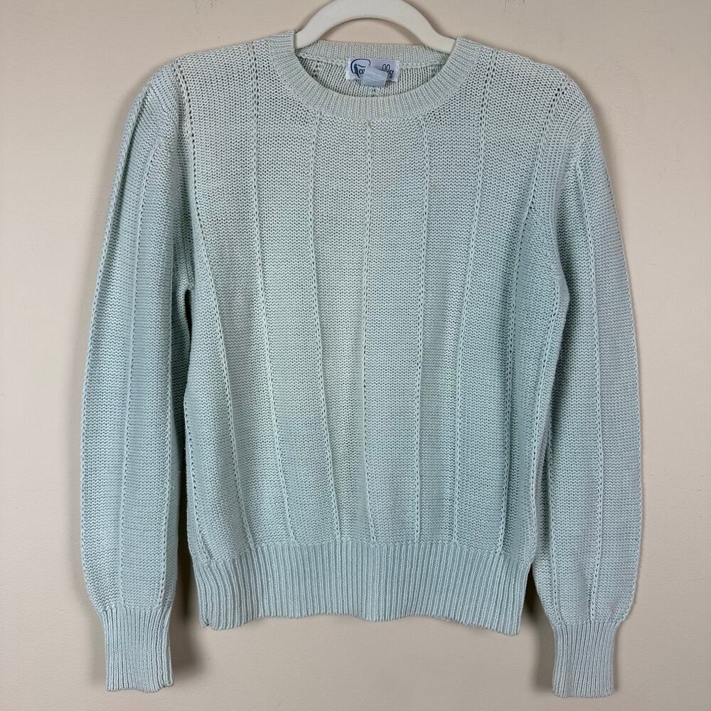 90s Vintage Pappagallo Knit Sweater Size M Ramie Cotton Pastel Blue Cottagecore